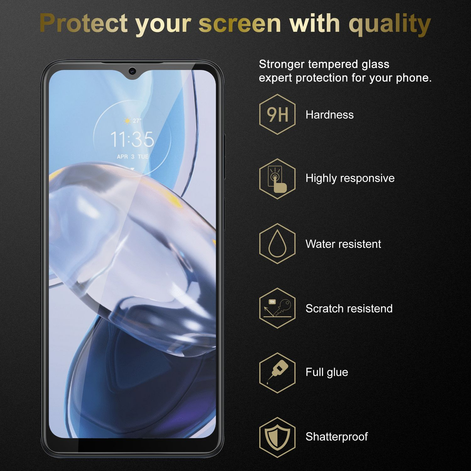 Smartphone con protezione schermo. Il testo indica durezza 9H, resistenza all'acqua e altre caratteristiche.