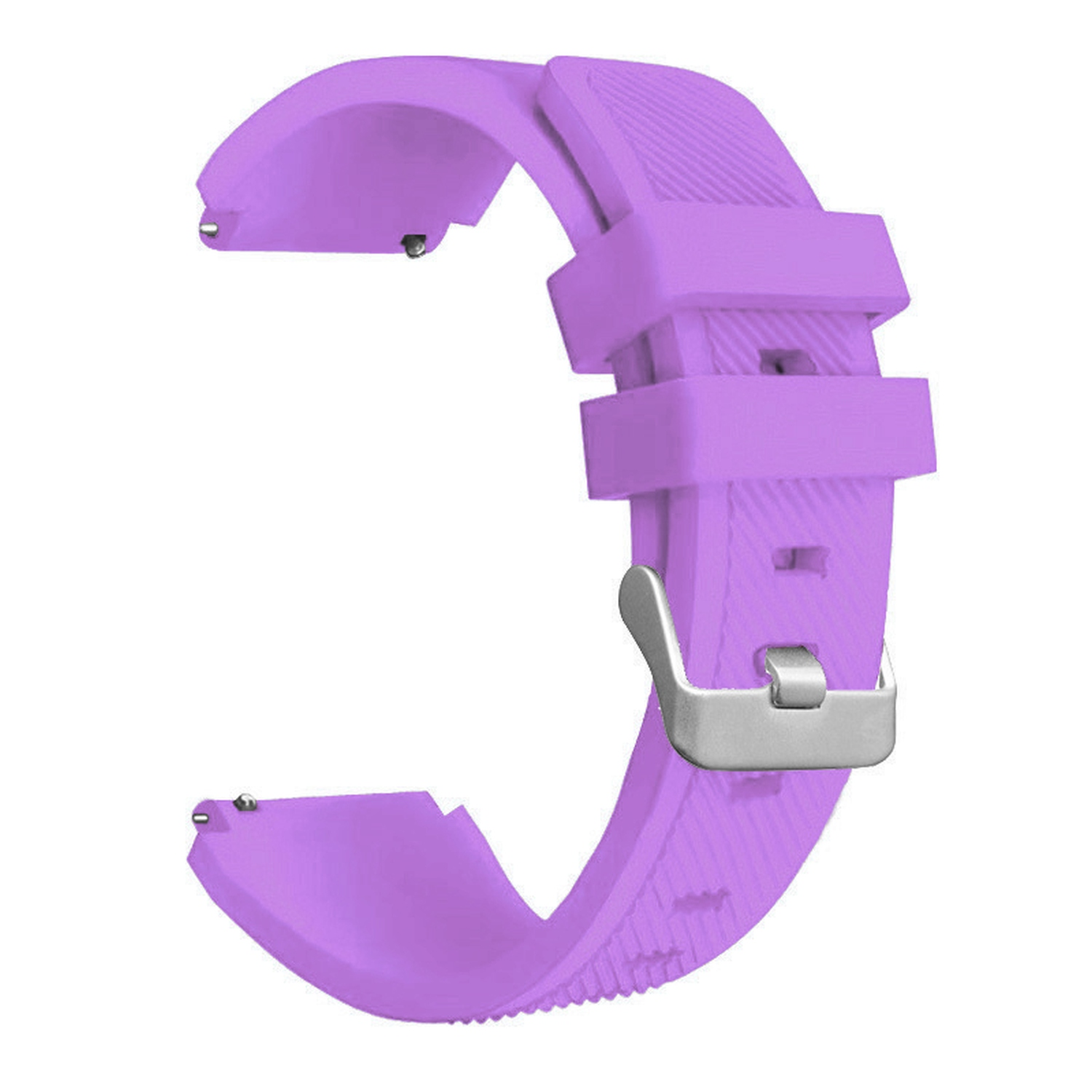 Ein helllila Uhrenarmband mit silberner Schnalle wird auf weißem Hintergrund gezeigt.