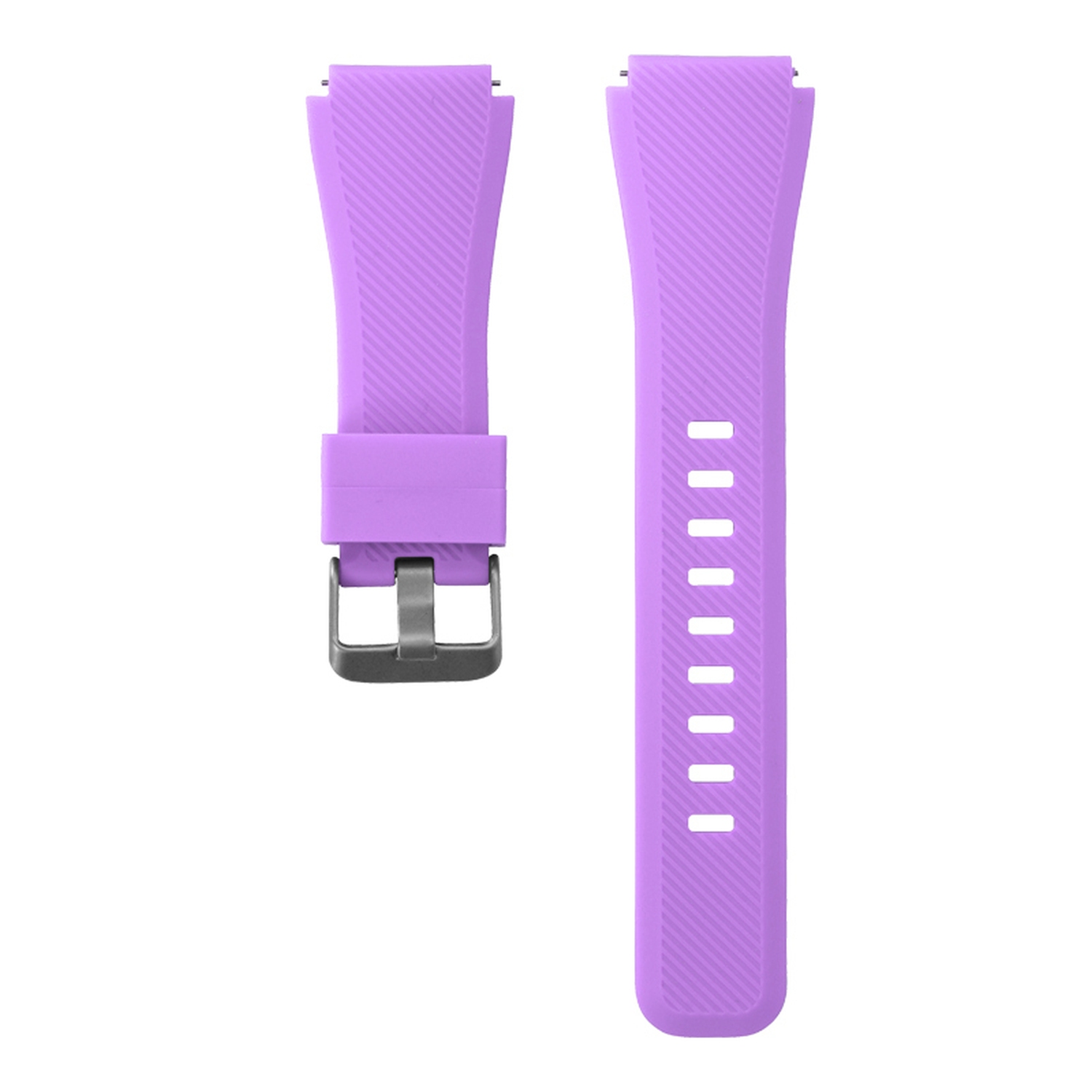 Zwei lila Uhrenarmbänder mit Schnalle. Weißer Hintergrund. Diagonale Linien auf dem Armband.
