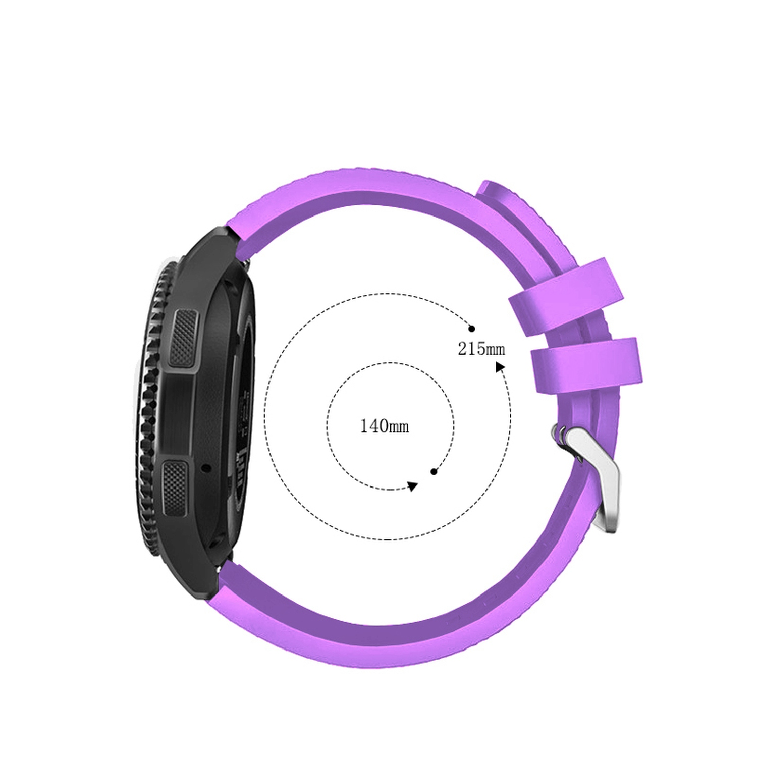 Schwarze Smartwatch mit lila Armband. Diagramm zeigt Abmessungen: 140 mm und 215 mm.