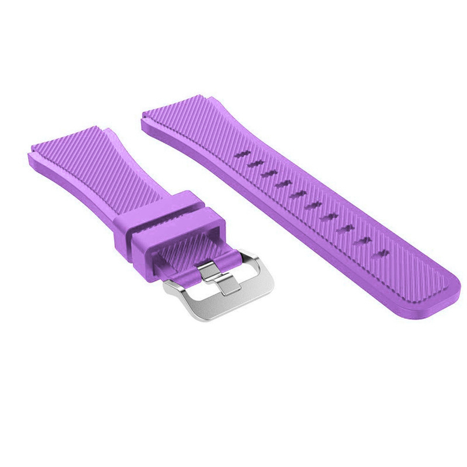 Lila Uhrenarmband mit silberner Schließe. Das Armband ist gerippt mit Löchern zur Anpassung. Weißer Hintergrund.