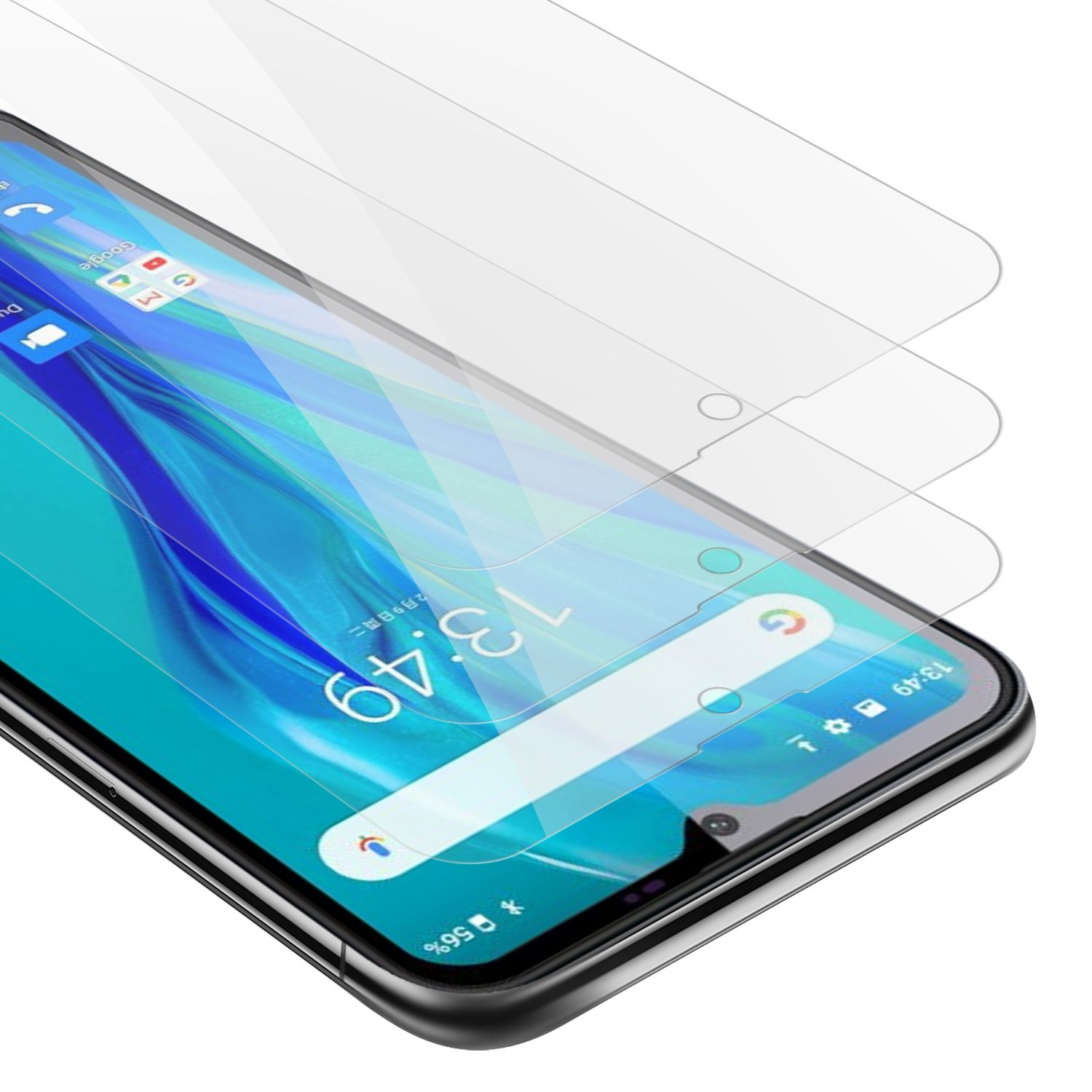 Un telefono con protezioni per lo schermo. Lo schermo del telefono visualizza l'ora e le icone.