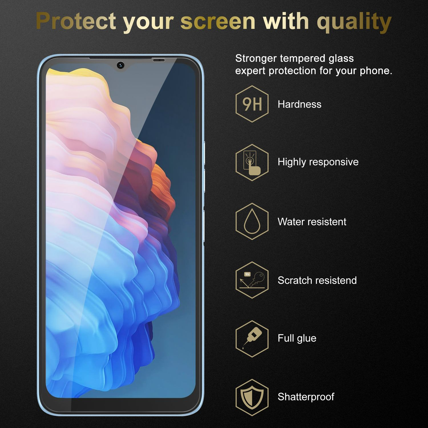 Proteggi schermo per telefono con testo e icone, che mostra un telefono con sfondo blu.