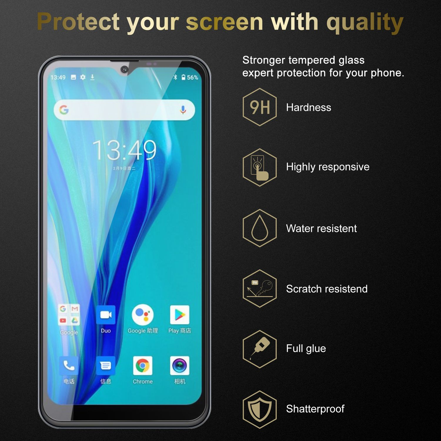 Smartphone con protezione schermo. Testo e icone visibili sullo schermo.