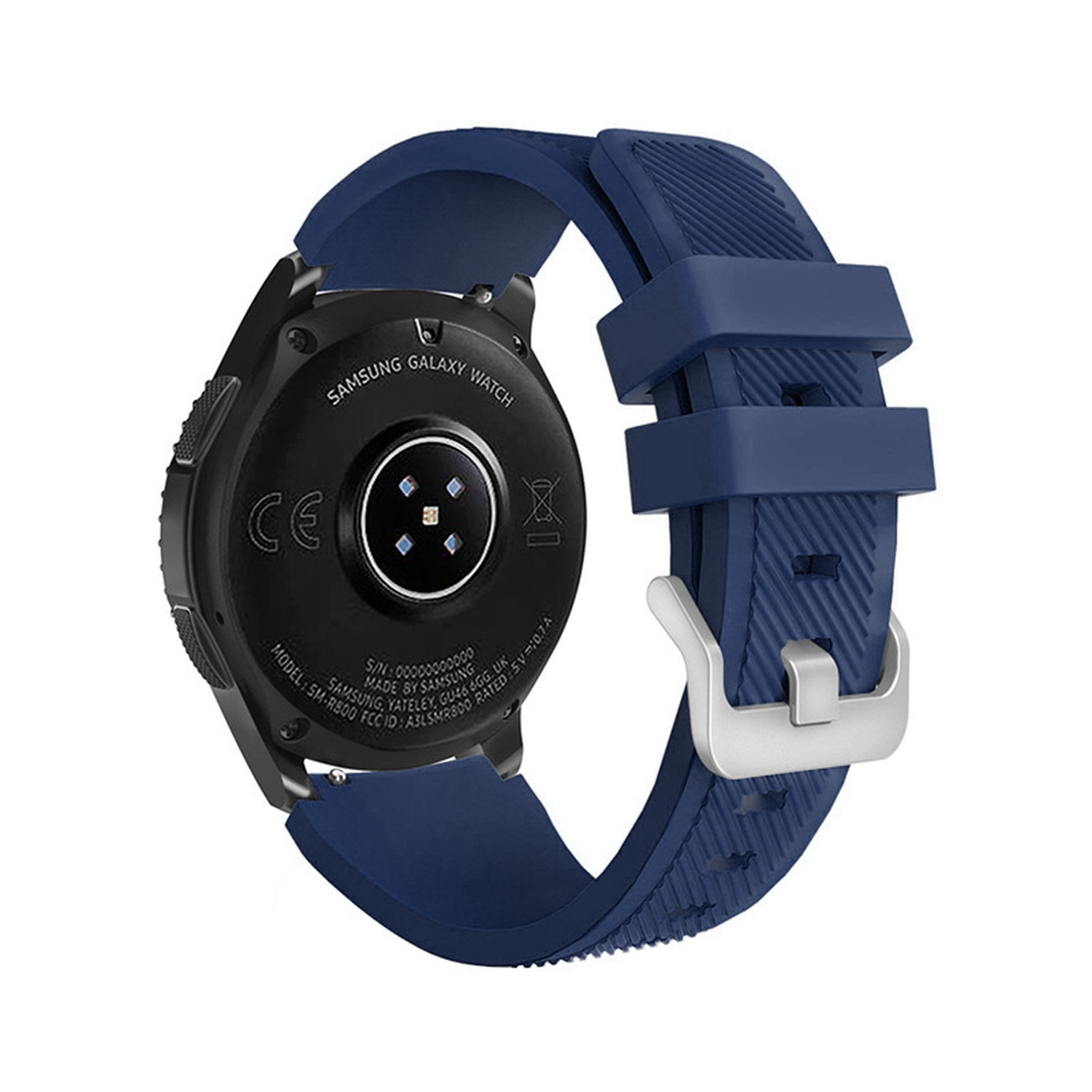 Eine schwarze Samsung Galaxy Watch mit blauem Armband wird auf weißem Hintergrund gezeigt.