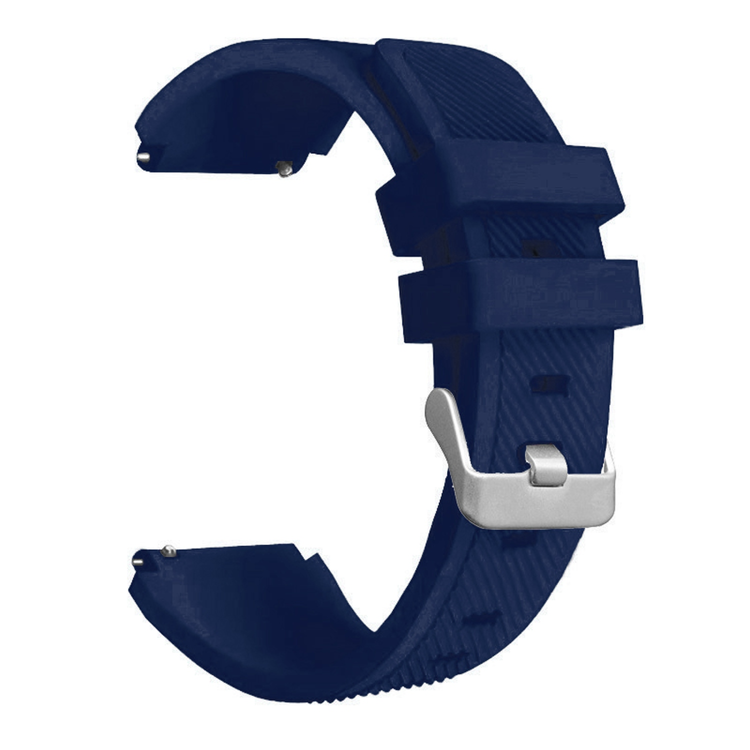 Dunkelblaues Uhrenarmband mit silberner Schnalle. Weißer Hintergrund.