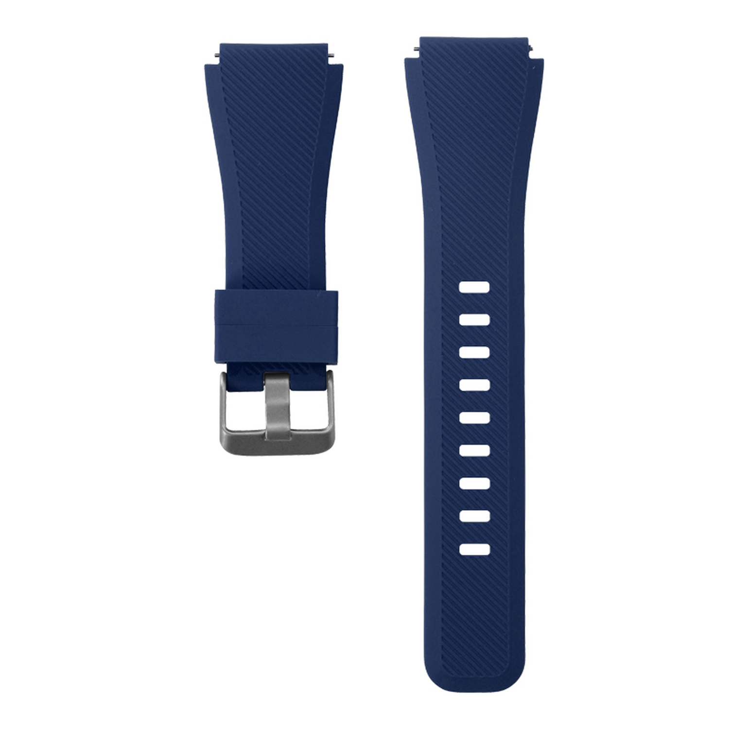 Zwei marineblaue Uhrenarmbänder mit einer silbernen Schnalle. Ein Armband ist länger als das andere.