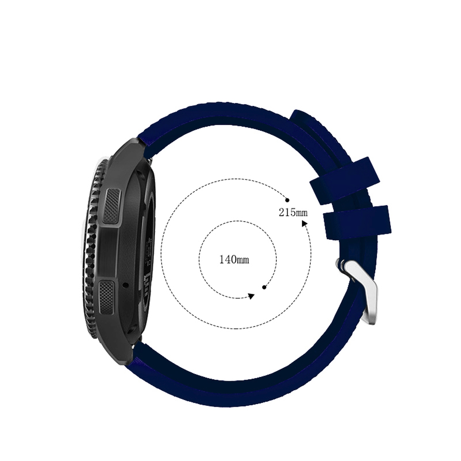 Eine Smartwatch mit blauem Armband. Eine gepunktete Linie zeigt die Armbandlänge: 215 mm und 140 mm.