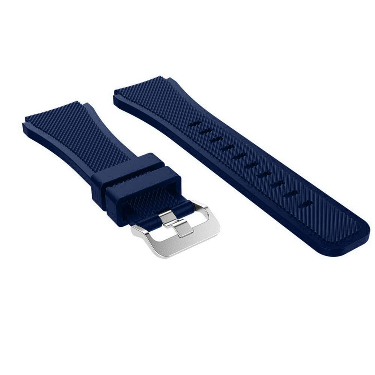 Zwei dunkelblaue Uhrenarmbänder mit einer silbernen Schnalle auf weißem Hintergrund.
