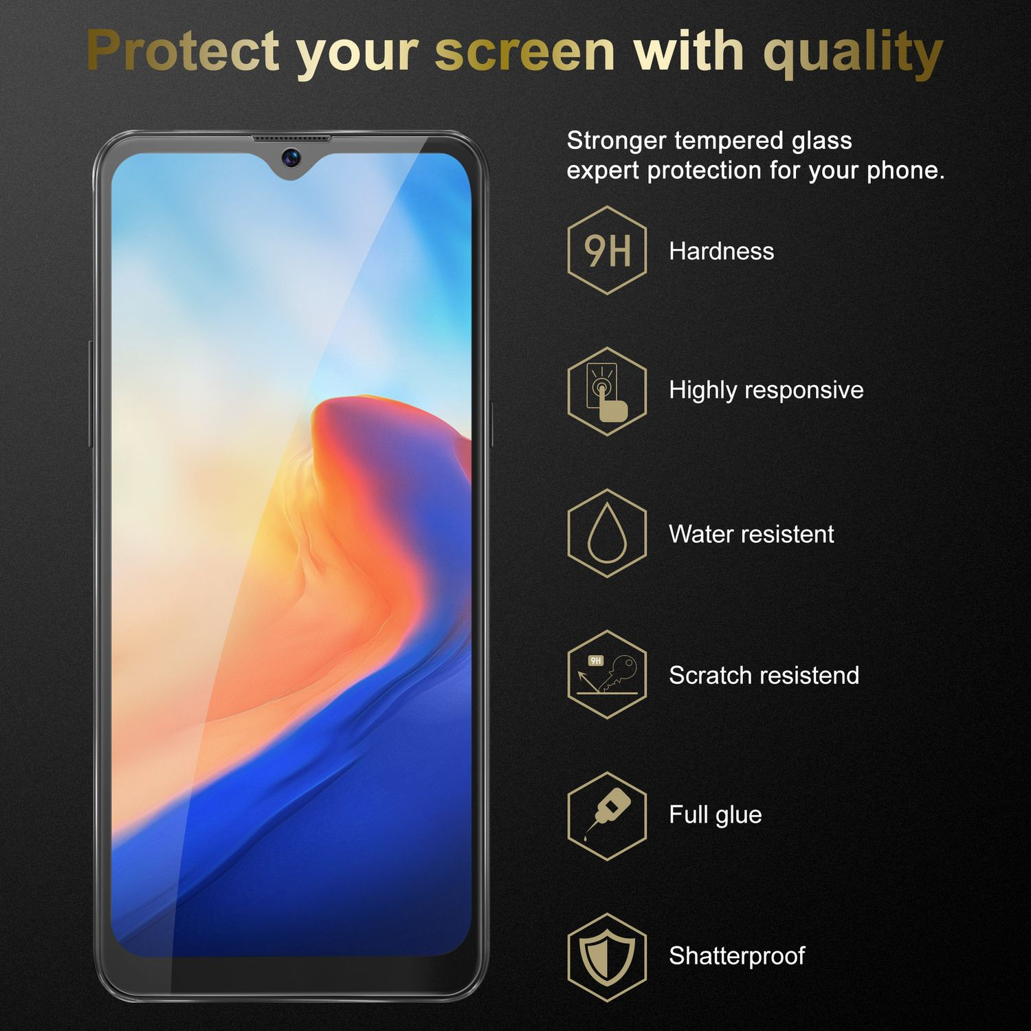 Viene mostrato uno schermo del telefono con una protezione per lo schermo con funzioni di protezione. Il testo recita 'Protect your screen'.