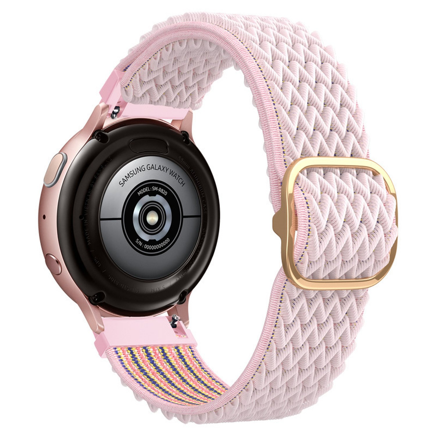 Nahaufnahme einer Smartwatch mit pinkfarbenem Armband. Die Uhr ist roségoldfarben und das Band ist gewebt.