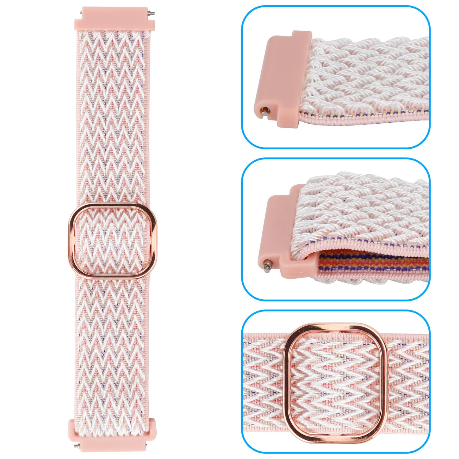Armband, rosa mit weißem und rotem Webmuster. Goldschnalle und rosa Verbinder sind ebenfalls sichtbar.