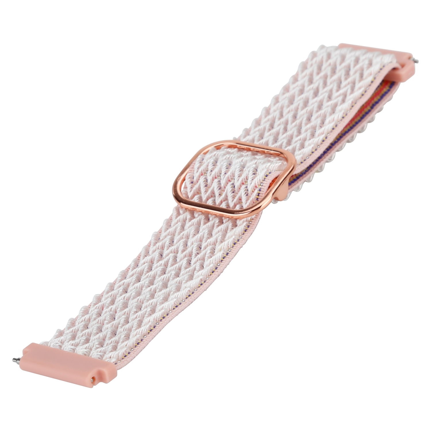Armband mit hellrosa gewebtem Band und roségoldener Schnalle, auf weißem Hintergrund liegend.