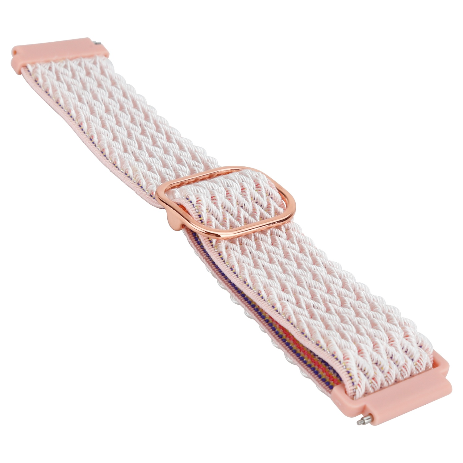 Armband mit hellrosa Basis und weißem Webmuster. Eine roségoldene Schnalle befindet sich in der Mitte.