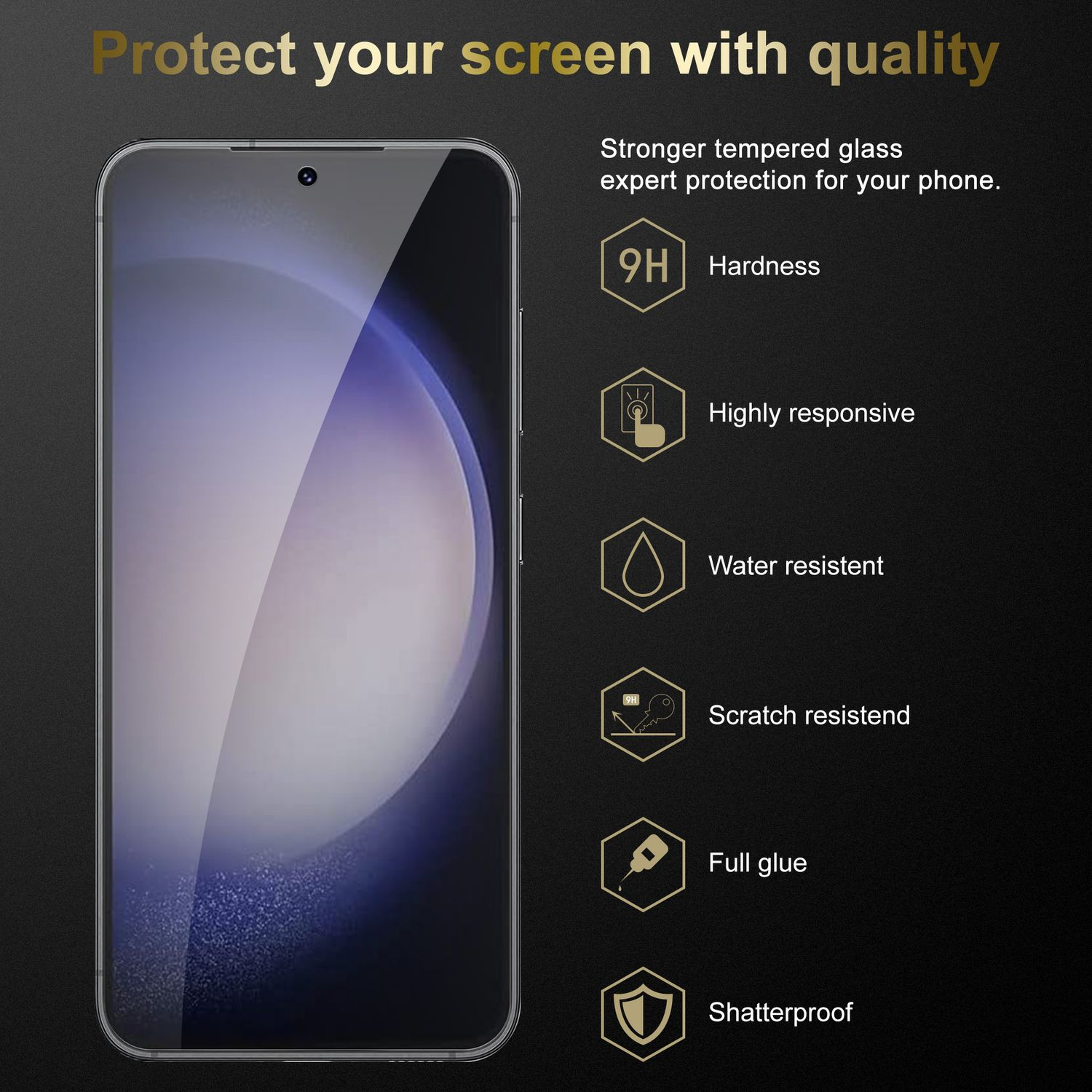 Un teléfono y un protector de pantalla. El protector de pantalla tiene características como dureza, resistencia al agua y pegamento completo.