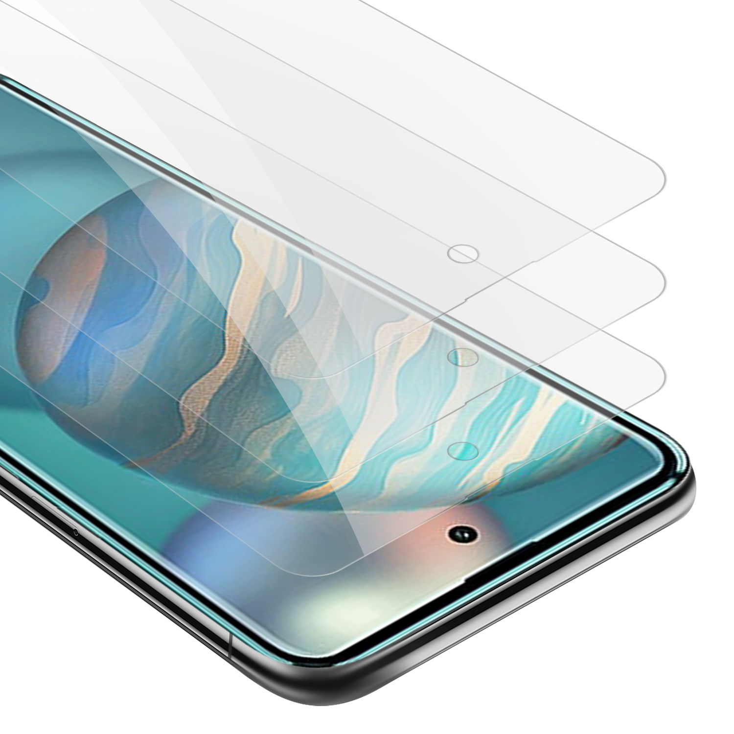 Telefono con due protezioni per lo schermo. Lo schermo mostra un'immagine astratta colorata.