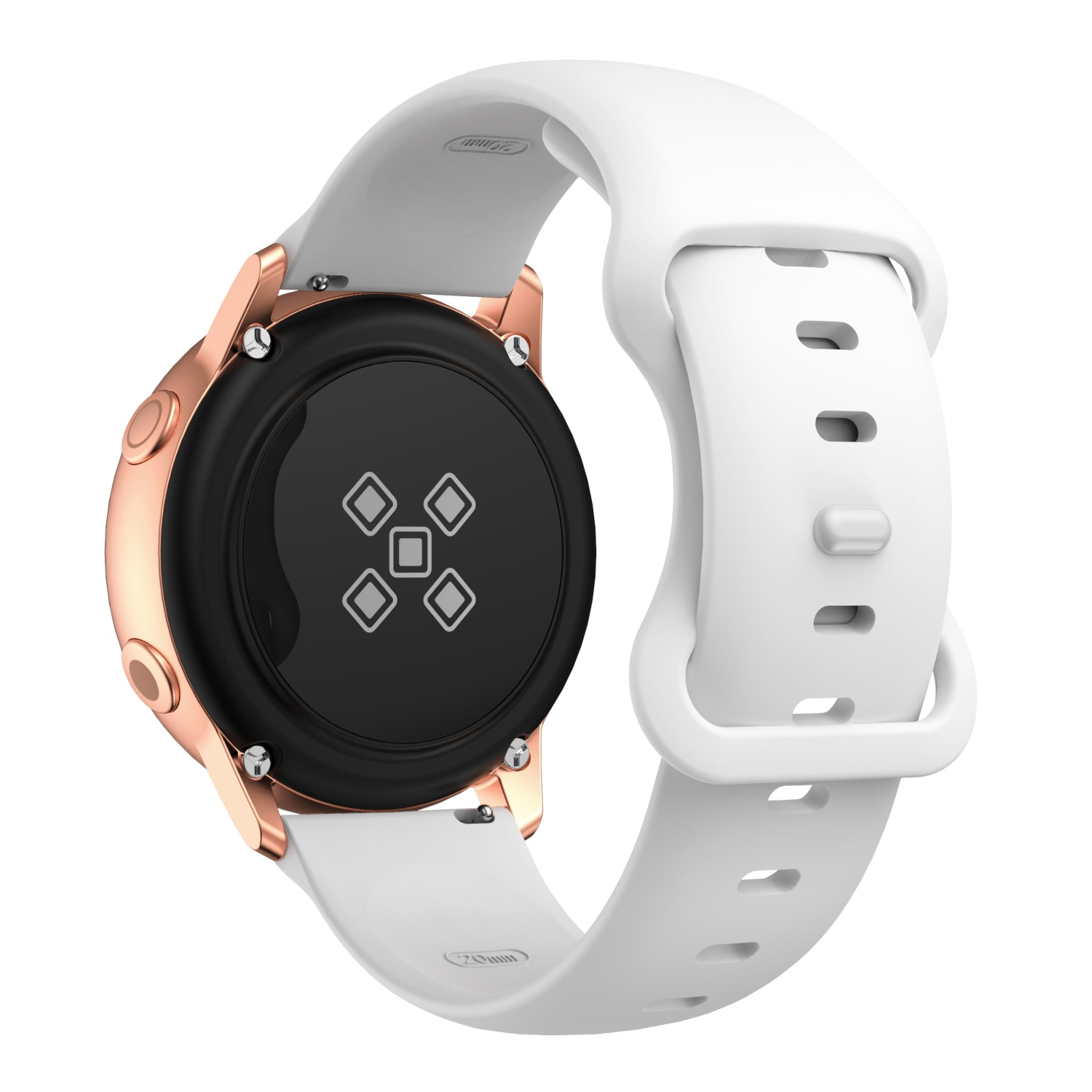 Eine roségoldene Smartwatch mit weißem Armband. Die Rückseite der Uhr ist sichtbar.