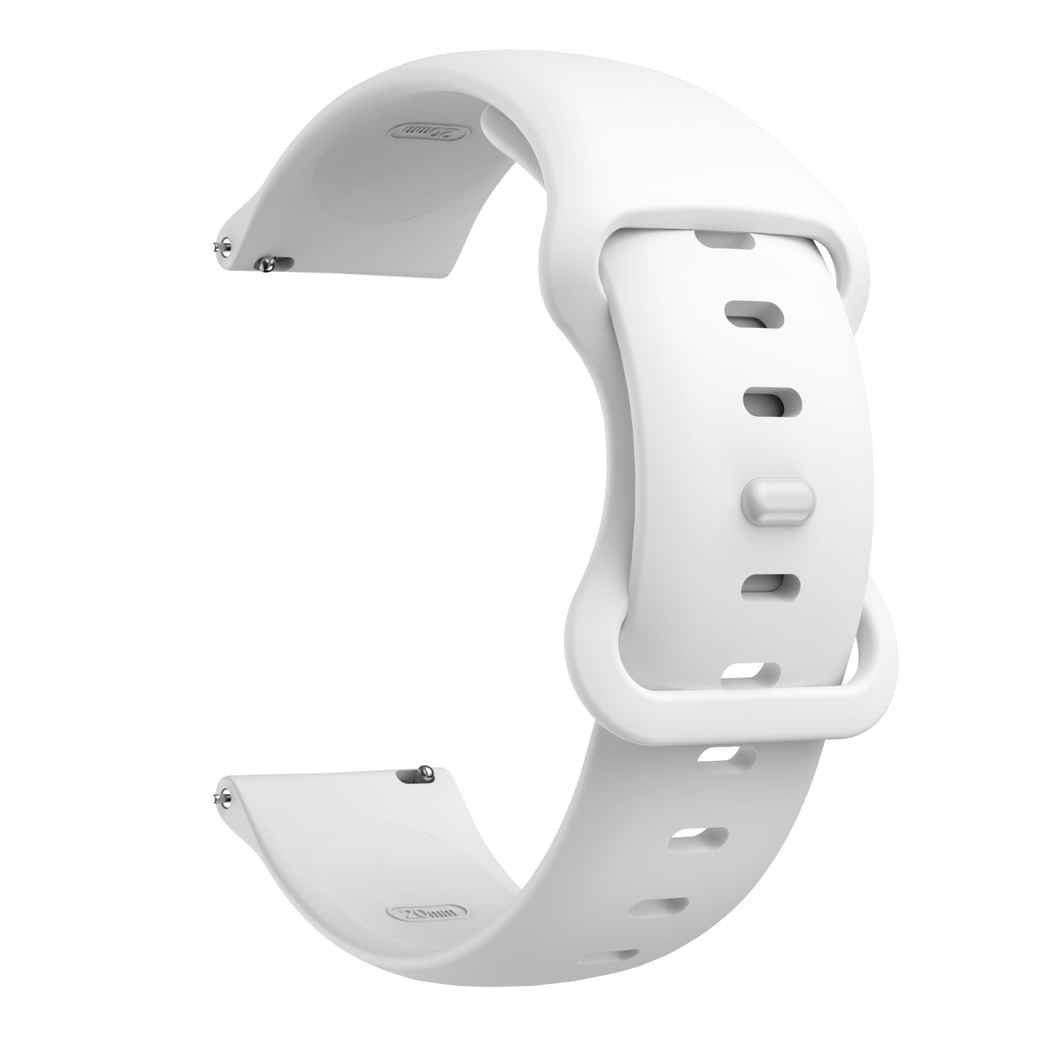 Weißes Uhrenarmband mit Löchern, abgewinkelt auf weißem Hintergrund.