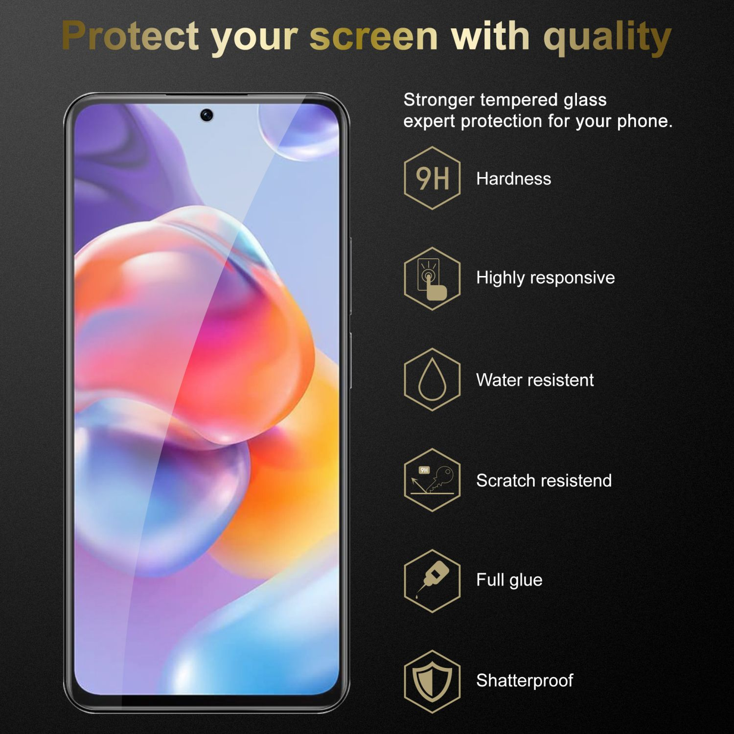 Telefono con protezione schermo, con icone che mostrano durezza 9H, resistenza all'acqua e altro.