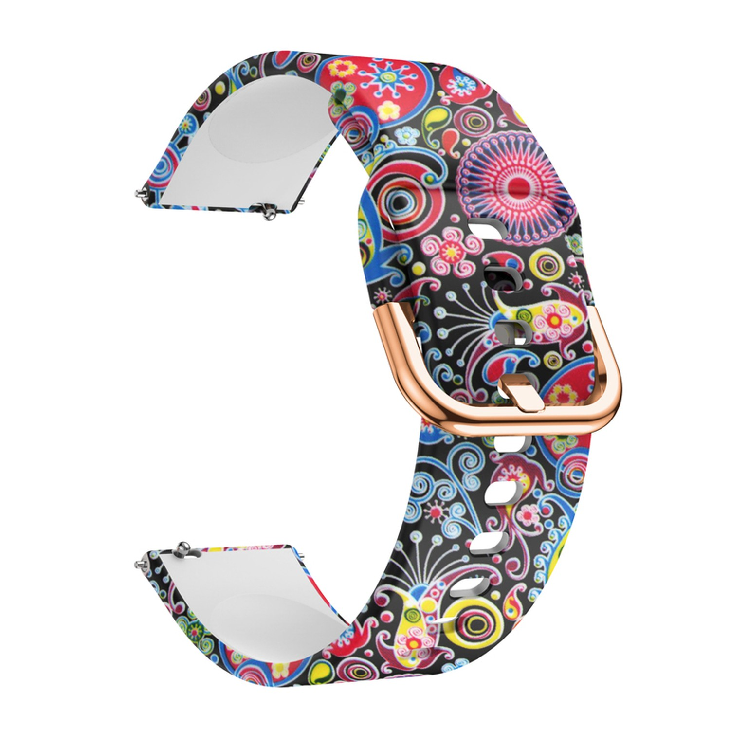 Ein farbenfrohes Uhrenarmband mit goldener Schnalle. Das Armband hat ein Blumenmuster auf schwarzem Grund.