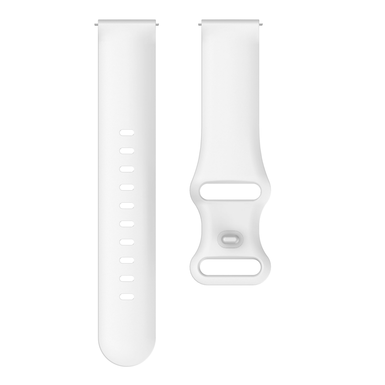 Zwei weiße Uhrenarmbänder. Eines ist ganz und das andere hat einen Verschluss. Beide liegen nebeneinander.