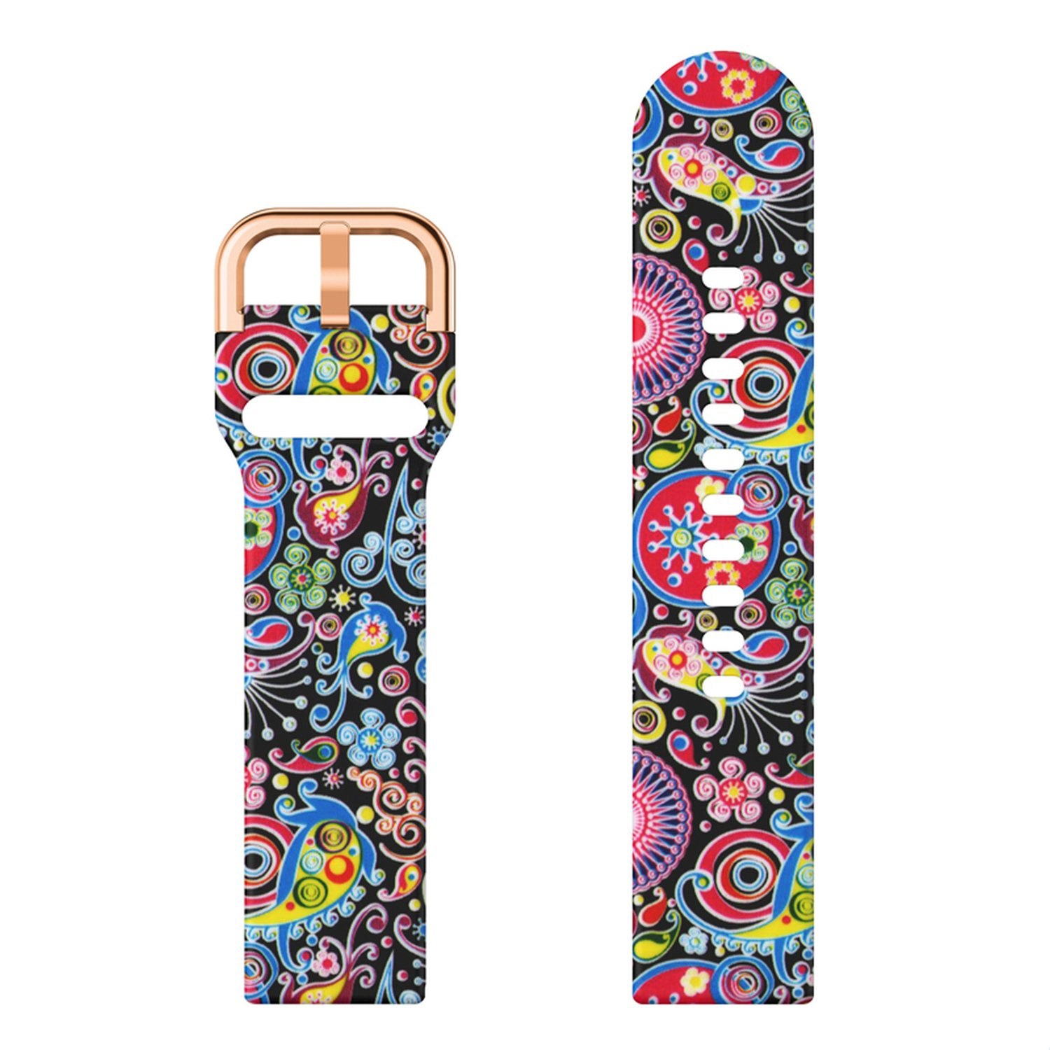 Armband mit farbenfrohem Paisley-Design. Goldene Schnalle. Schwarzer Hintergrund.