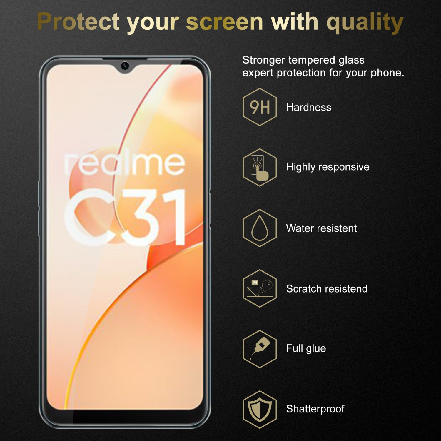 Protezione schermo per telefono con testo, tra cui durezza e icone resistenti all'acqua.