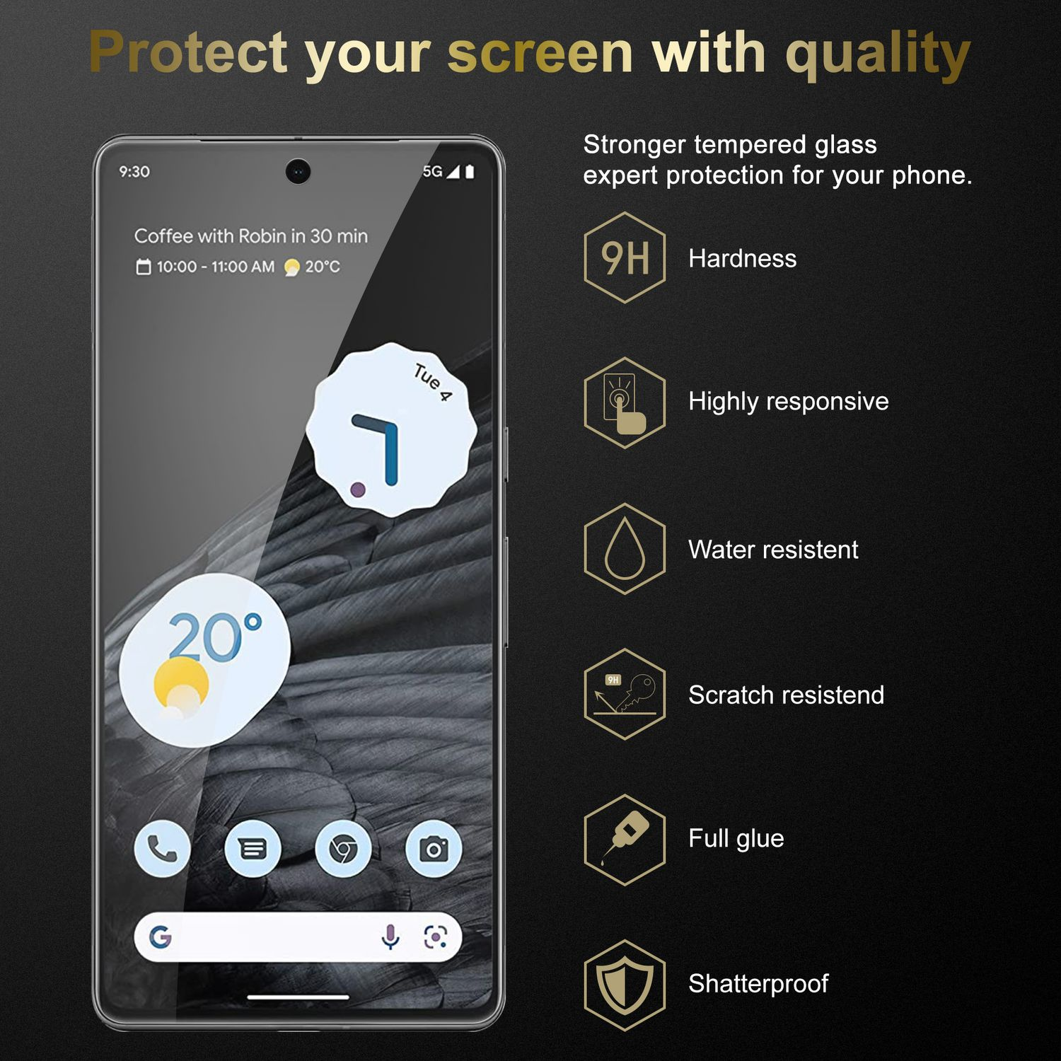 Smartphone che mostra un'interfaccia con un'app. Le icone mostrano caratteristiche come durezza e resistenza all'acqua.