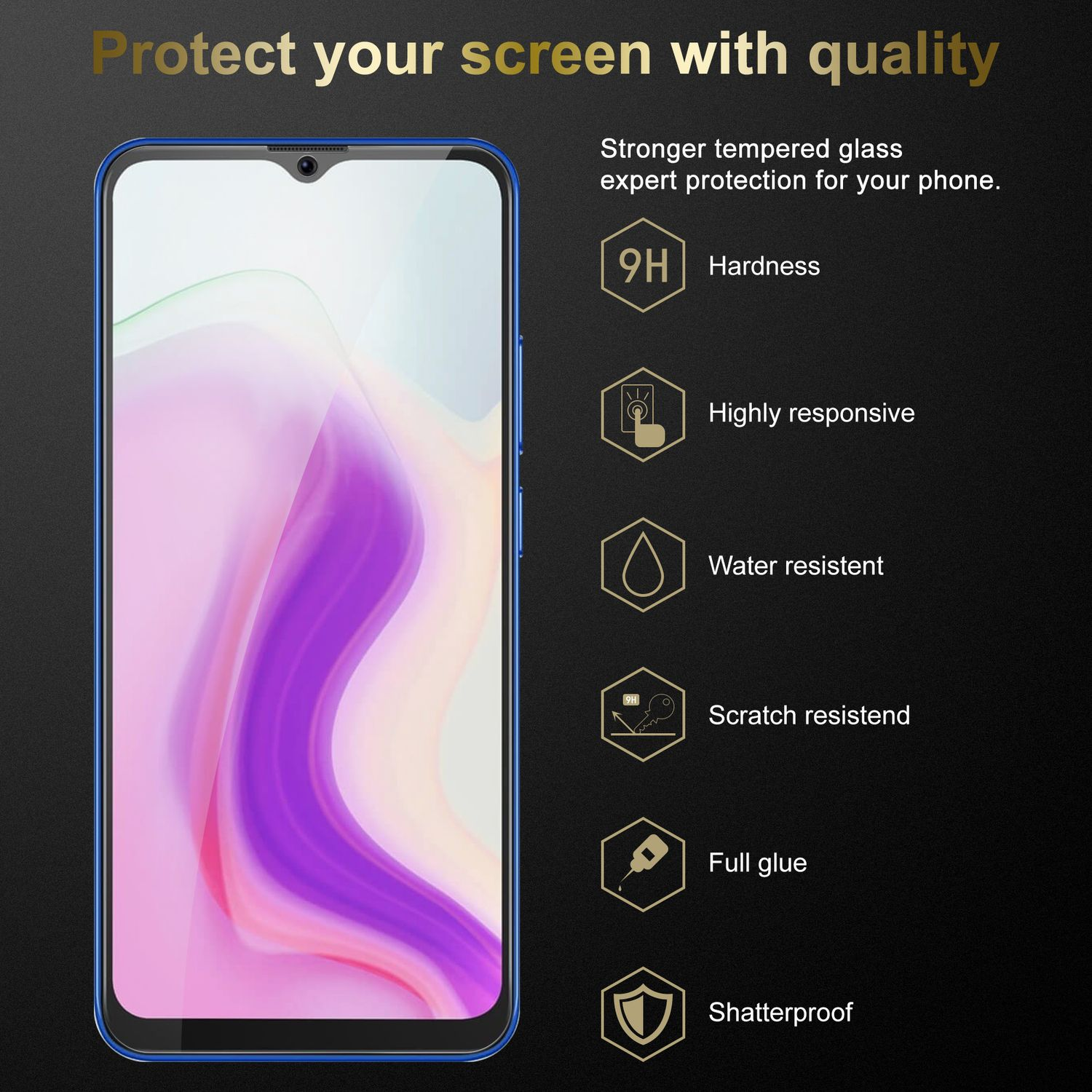Un telefono con un proteggi schermo applicato. Vengono mostrate le caratteristiche: durezza, reattività, acqua, graffi e colla completa.