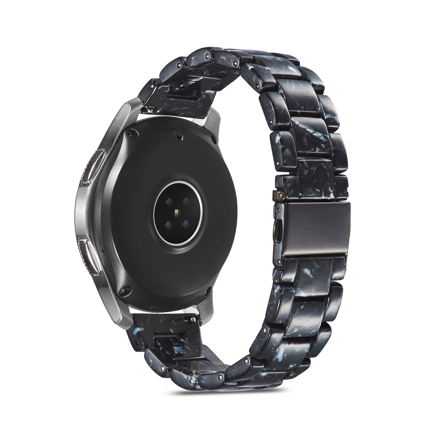 Eine silberne Smartwatch mit einem schwarz-grau marmorierten Armband auf weißem Hintergrund.