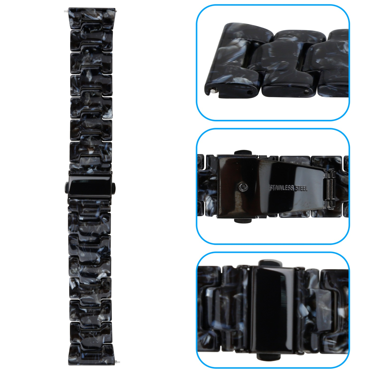 Ein Uhrenarmband mit schwarz-weißem Marmordesign. Das Armband ist aus Edelstahl.