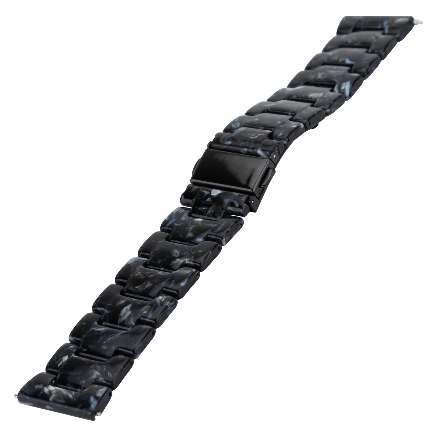 Schwarz-weißes Uhrenarmband, abgewinkelt. Das Armband besteht aus verbundenen Abschnitten.