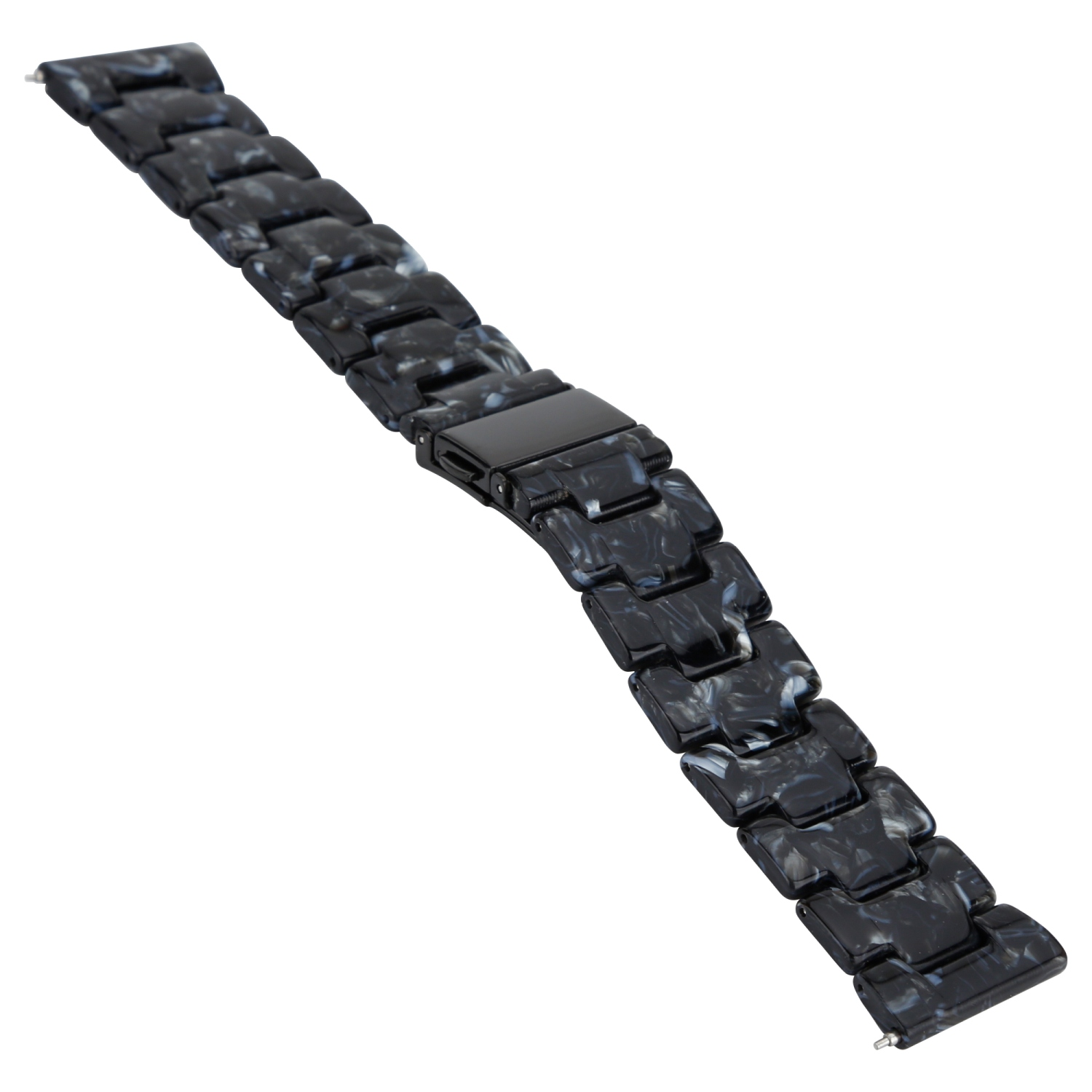 Schwarz-weiß marmoriertes Uhrenarmband. Winkelansicht, weißer Hintergrund.