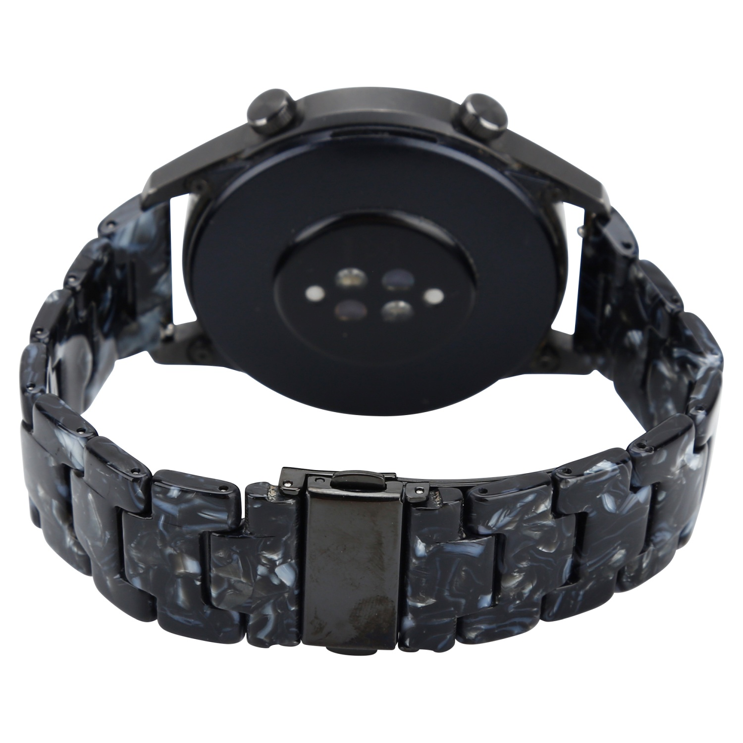 Eine schwarze Smartwatch mit gemustertem Armband. Das Armband hat ein marmoriertes Muster.