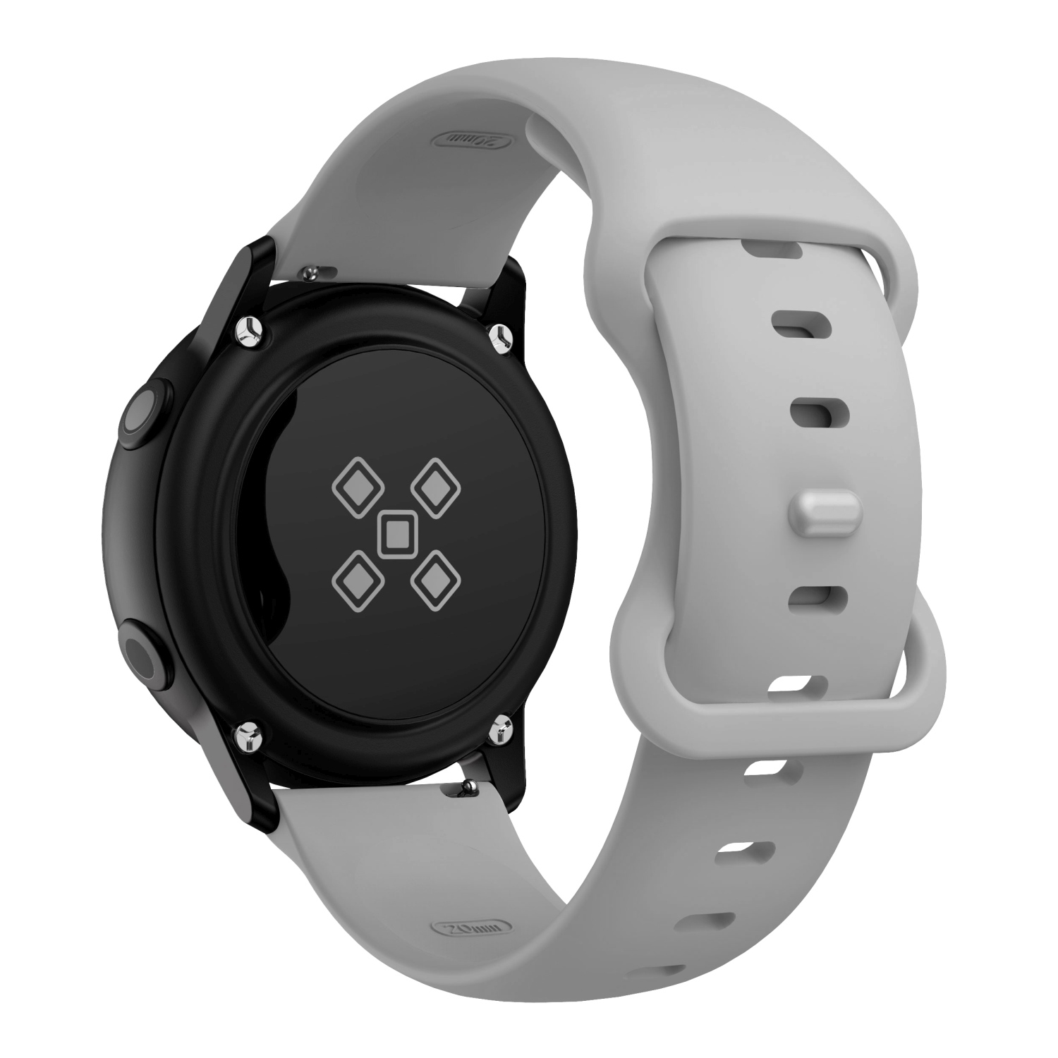 Nahaufnahme einer Smartwatch mit grauem Armband, schwarzer Rückseite und drei Knöpfen an der Seite.