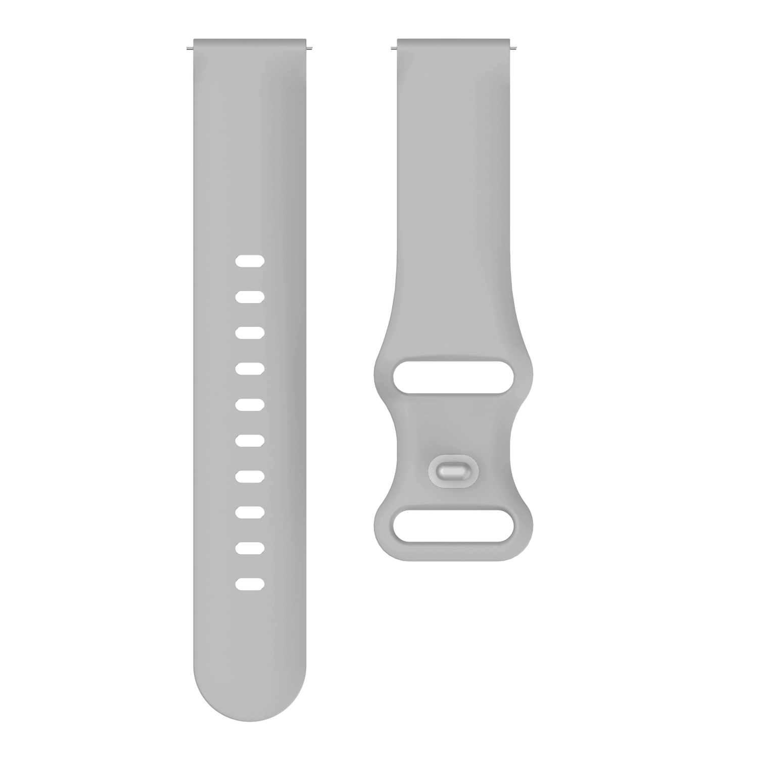 Zwei hellgraue Uhrenarmbänder, eines mit Löchern und eines mit Schnalle. Sie liegen nebeneinander.