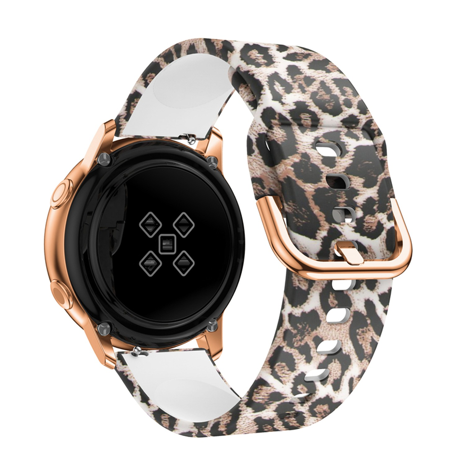 Goldene Uhr mit Leopardenmuster-Armband und schwarzem Zifferblatt.