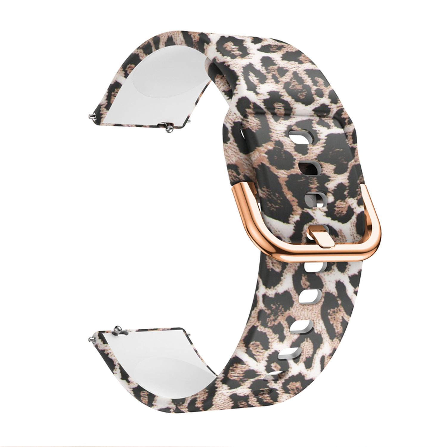 Uhrenarmband mit Leopardenmuster. Das Band ist braun, schwarz und beige, mit einer goldenen Schnalle.