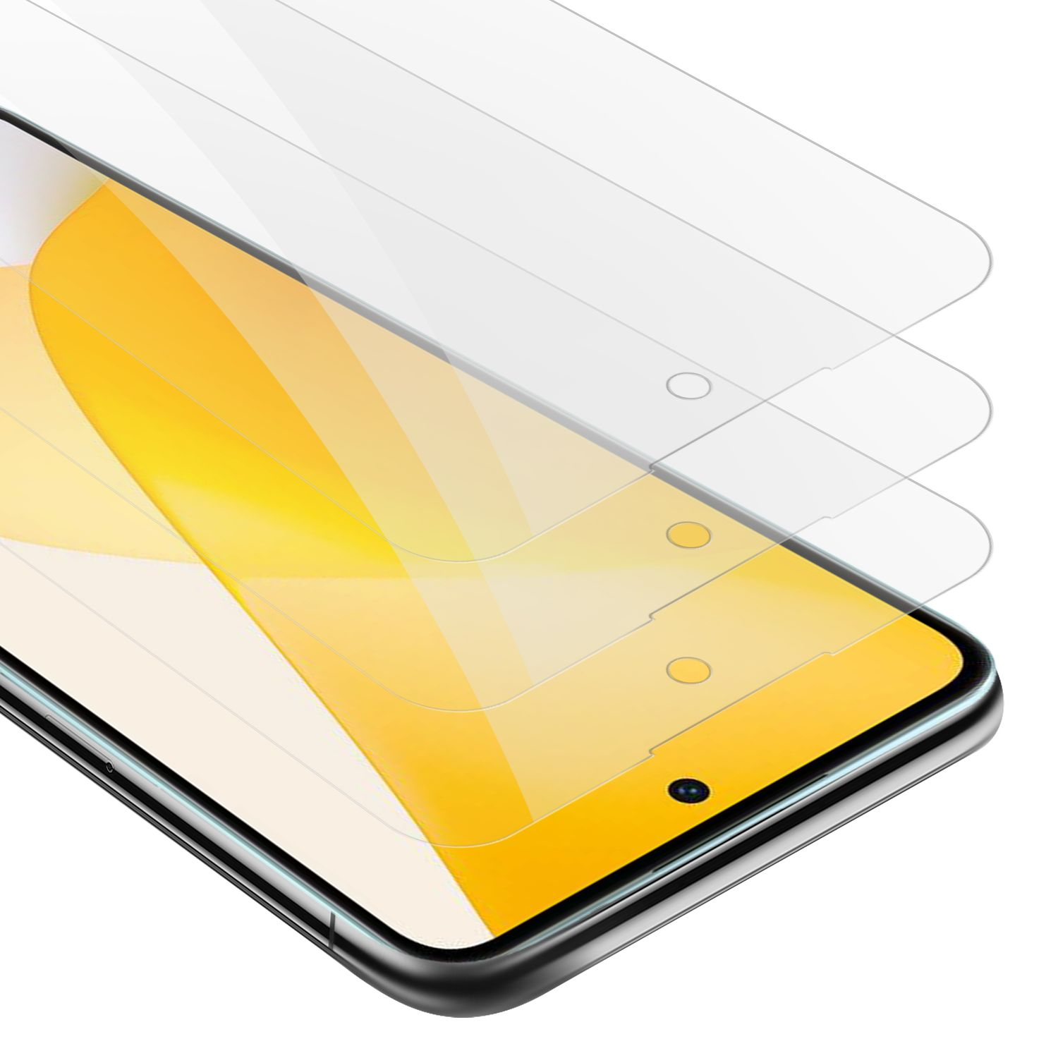 Un telefono con schermo giallo, arancione e bianco.