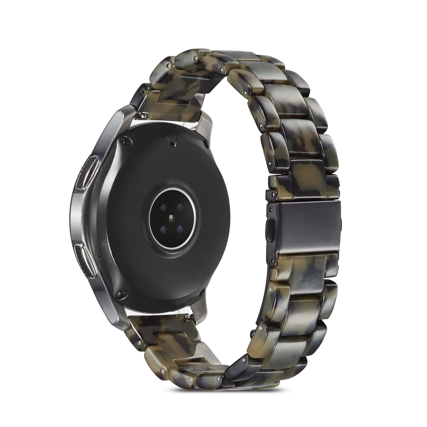 Eine Uhr und ihr Armband. Das Armband besteht aus einem schildpattartigen Material.