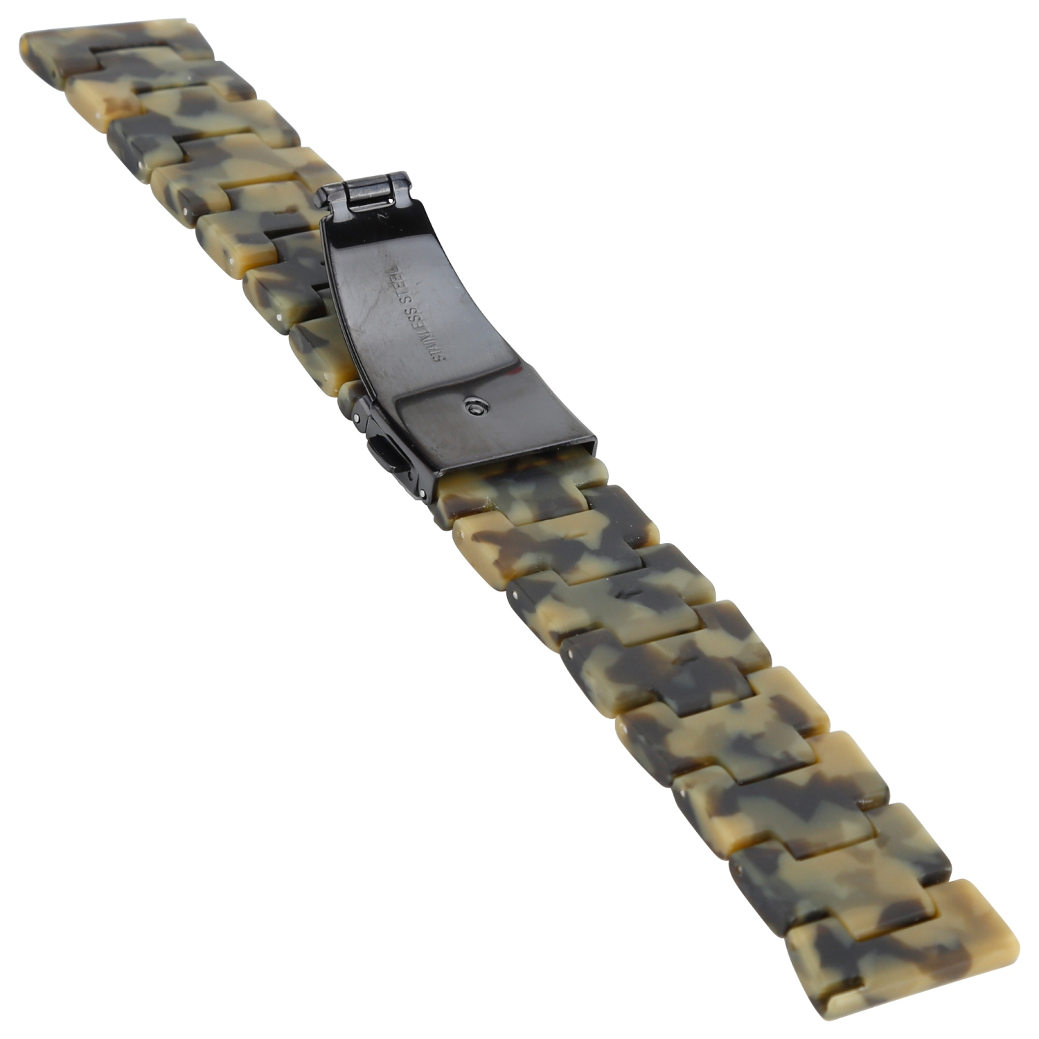 Ein Uhrenarmband aus gesprenkeltem hellbraunen und beigen Kunststoff, mit einem schwarzen Verschluss mit der Aufschrift "STAINLESS STEEL".