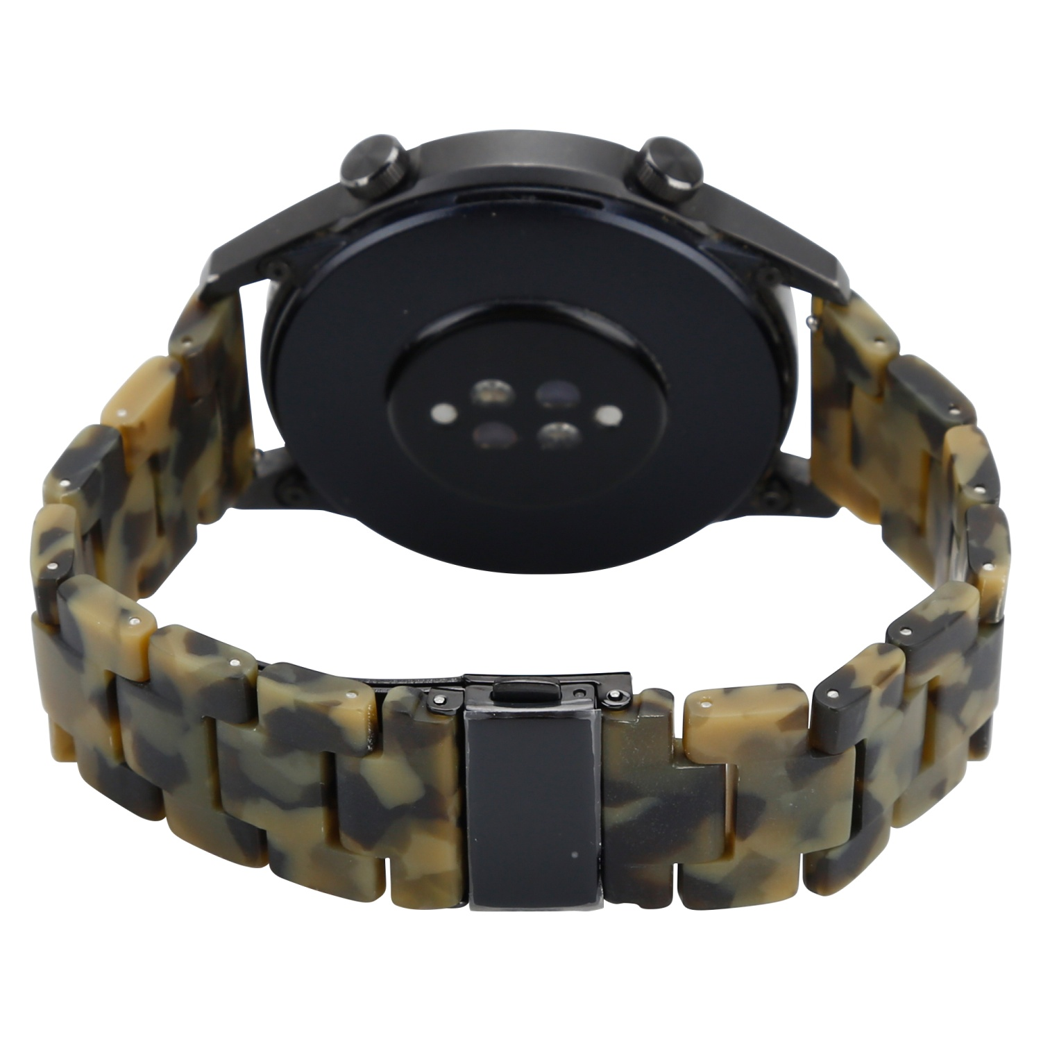 Smartwatch von hinten. Das Armband ist braun und gelb.