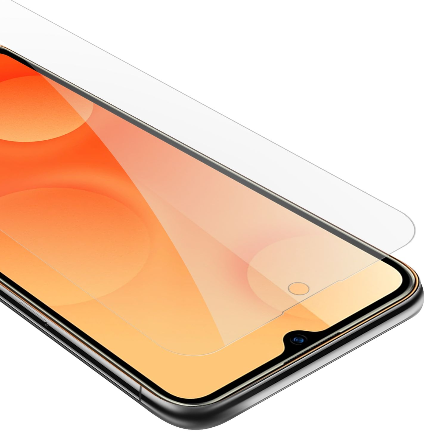 Telefono con protezione schermo in applicazione. La protezione è quasi posizionata sullo schermo del telefono.