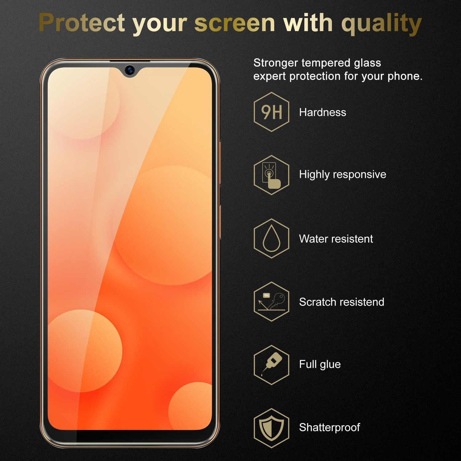 Schermo del telefono con sfondo arancione. Icone di durezza, reattività, acqua, graffi, colla piena e infrangibile.