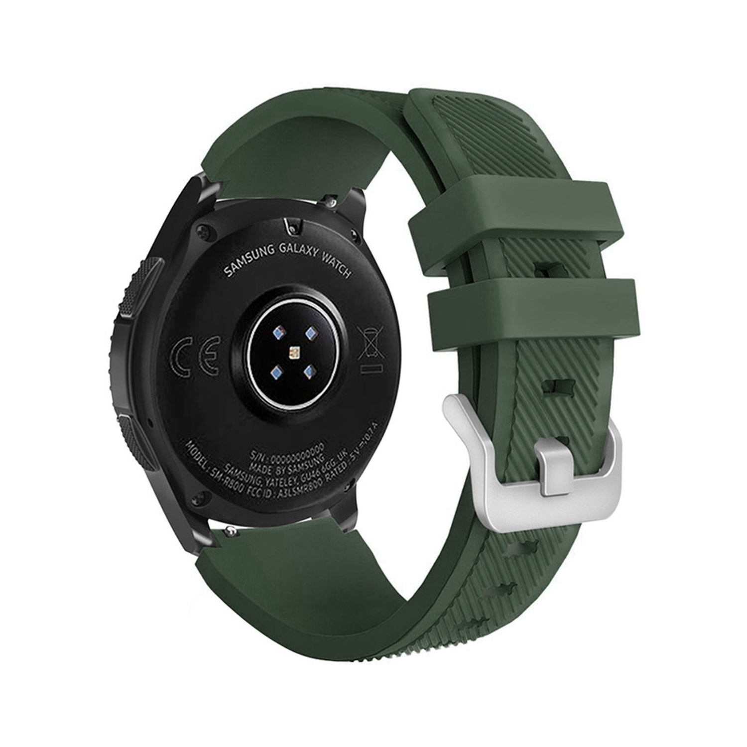 Eine Samsung Galaxy Watch mit grünem Armband, die die Unterseite mit Sensoren und Branding zeigt.