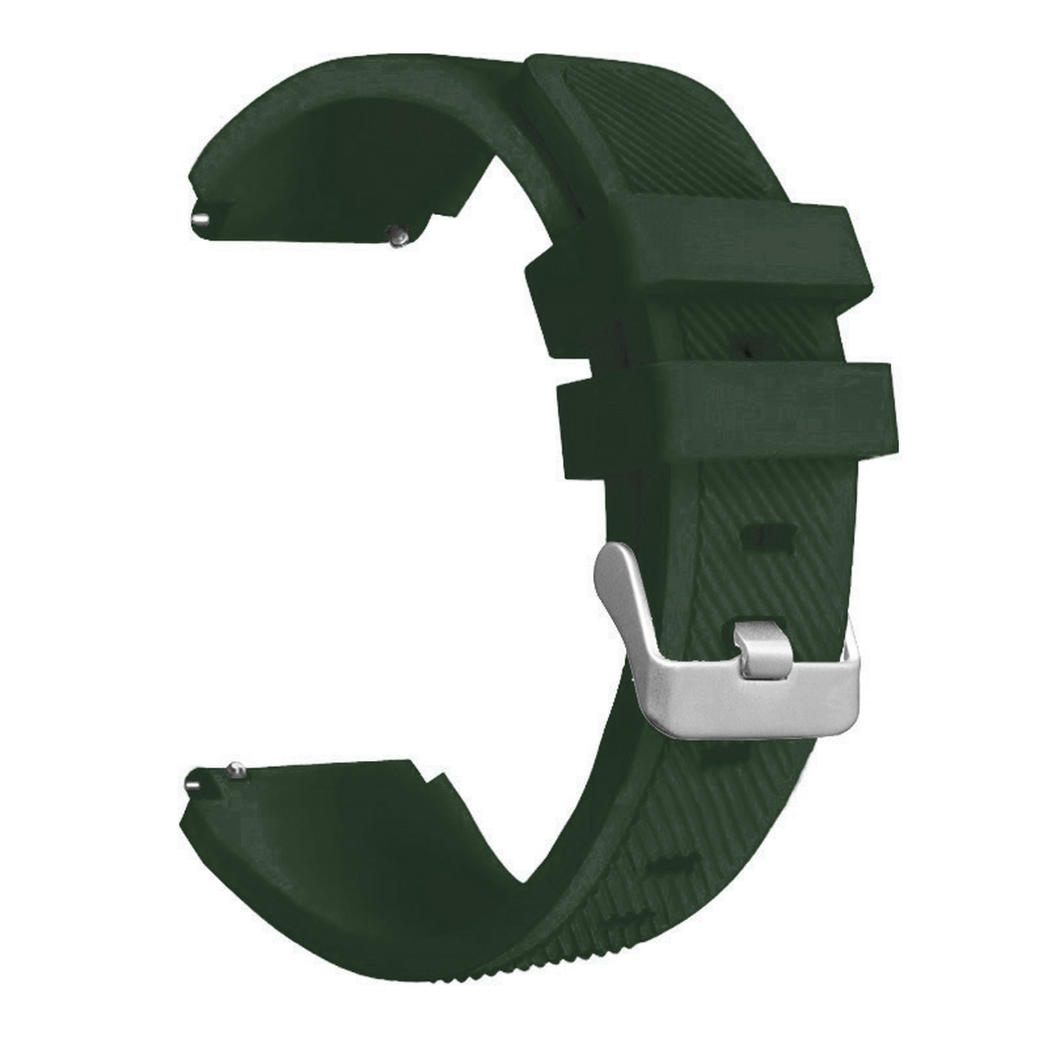Grünes Uhrenarmband mit silberner Schnalle. Weißer Hintergrund.