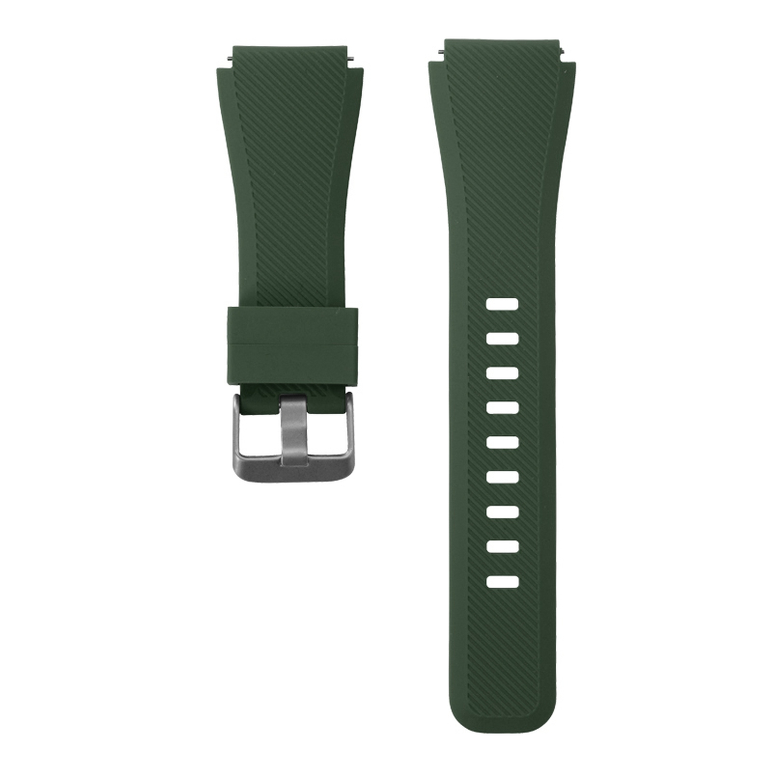 Zwei grüne Uhrenarmbänder mit silberner Schnalle. Sie befinden sich auf weißem Hintergrund.