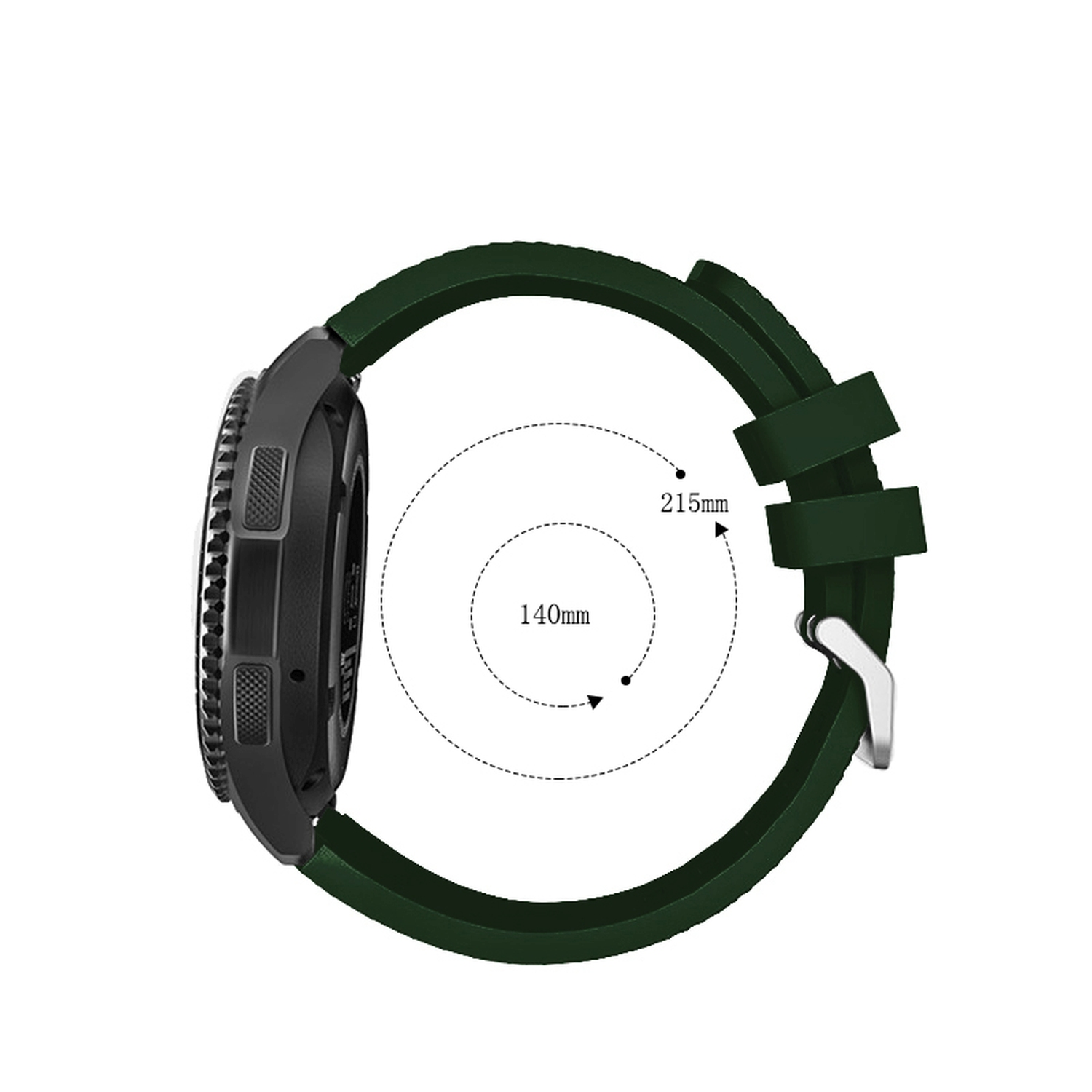 Eine Smartwatch mit dunkelgrünem Armband, Seitenansicht und Armbandabmessungen.