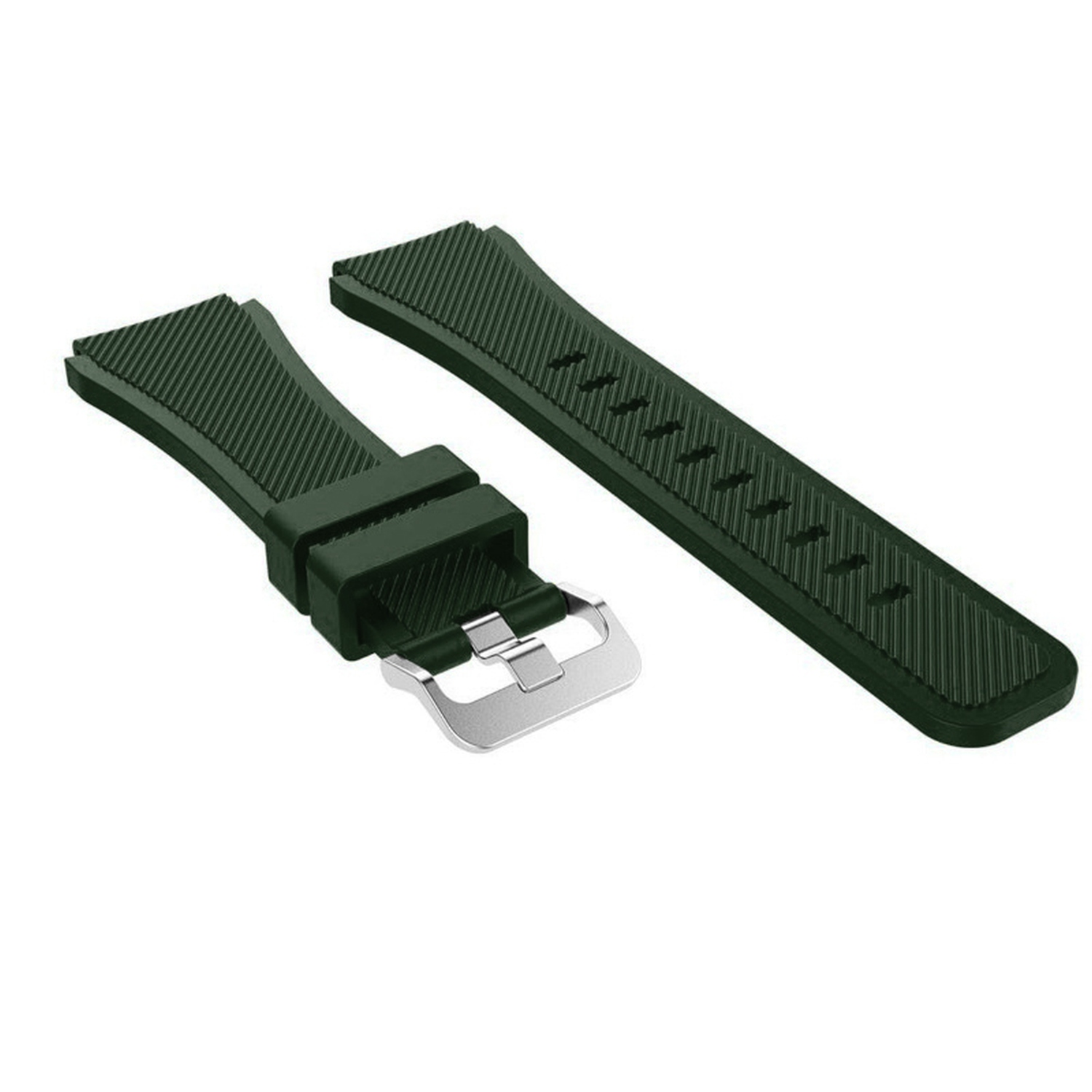 Dunkelgrünes Uhrenarmband mit silberner Schnalle.