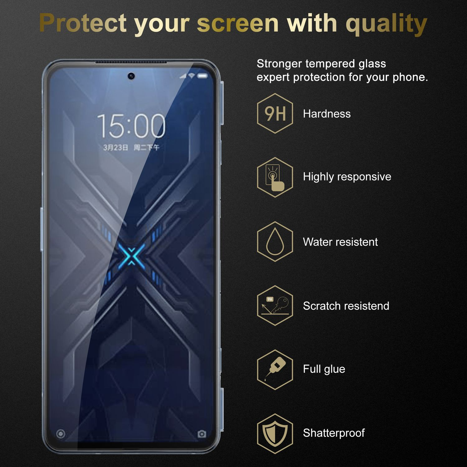 Schermo del telefono con protezione applicata. I testi mostrano Durezza, Reattività, Resistente all'acqua, Resistente ai graffi.
